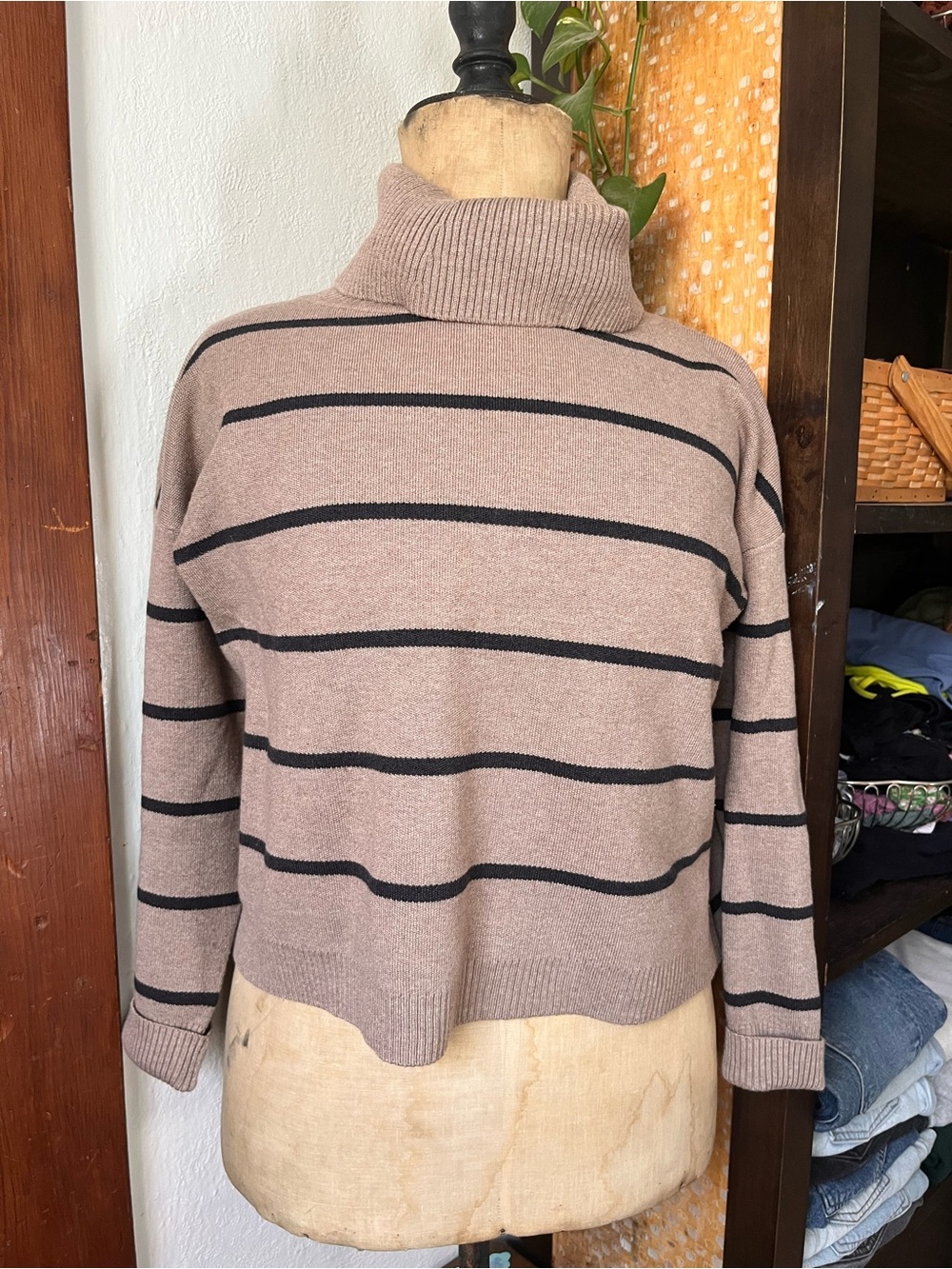 Women's Taupe Striped Turtleneck Sweater